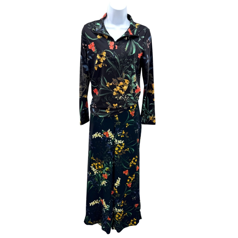 Chicos Wildflower Floral Lounge Set 2 PC M Top 0 Pants 0.5 Black Green Botanical
